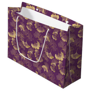 Purple Gold Ginkgo Leaves Elegant Botanical Large Gift Bag