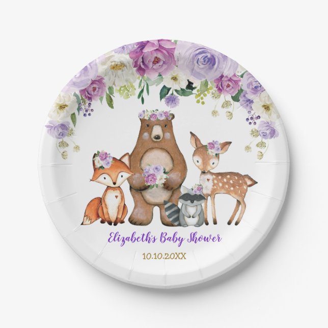 Purple Gold Girl Woodland Animals Forest Floral Paper Plate (Front)