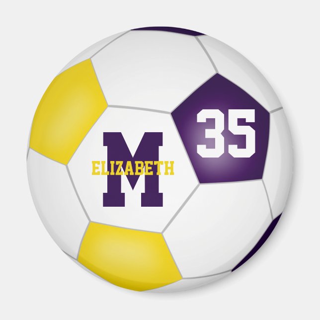 purple gold girls boys soccer team colours magnet (Front)