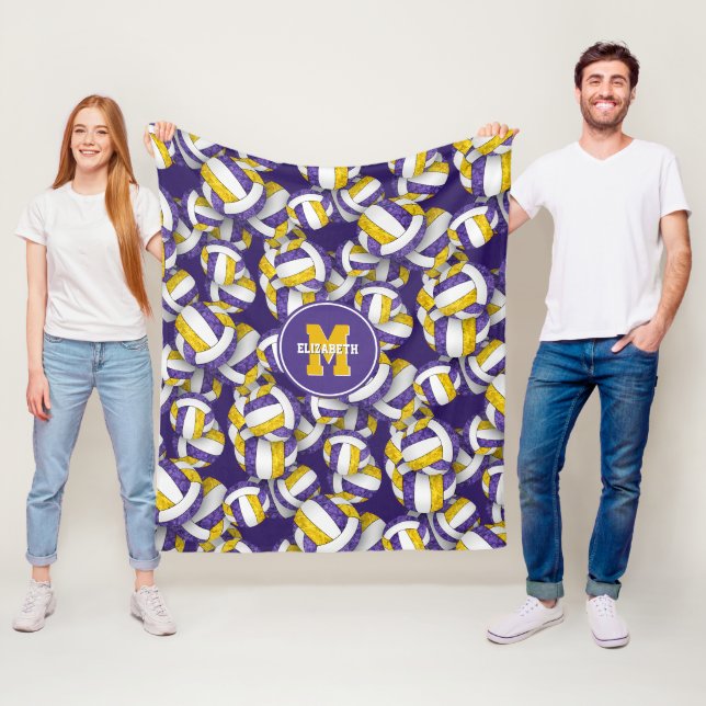 purple gold girls volleyball team colours monogram fleece blanket (In Situ)