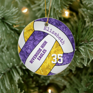 purple gold girly team colours keepsake volleyball ceramic tree decoration