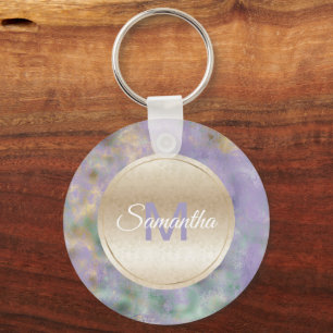 Purple Gold Glam Teal Abstract Monogram Key Ring