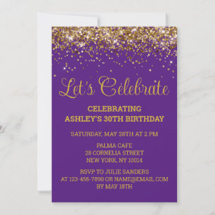 Purple Gold Glitter 30th Birthday Let's Celebrate Invitation