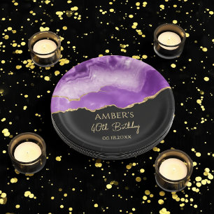 Purple Gold Glitter Abstract Watercolor Marble Paper Plate