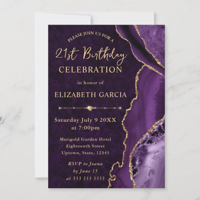 Purple & Gold Glitter Agate and marble Birthday Invitation (Front)