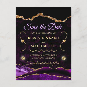 Purple Gold Glitter Agate and marble Save the Date Postcard