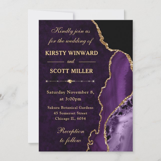 Purple & Gold Glitter Agate and marble Wedding Invitation (Front)