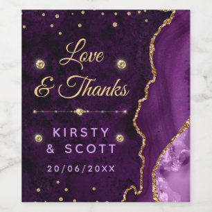 Purple & Gold Glitter Agate and marble Wedding Wine Label