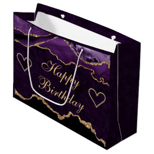 Purple & Gold Glitter Agate Happy Birthday Large Gift Bag