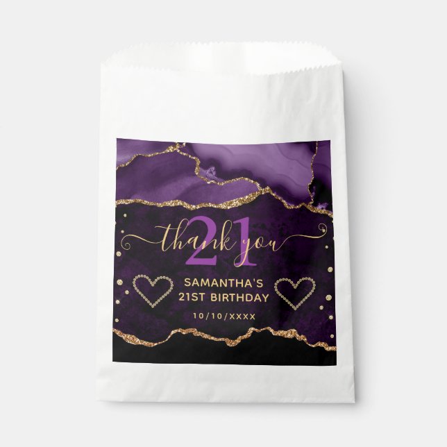 Purple & Gold Glitter Agate Marble 21st Birthday Favour Bags (Front)