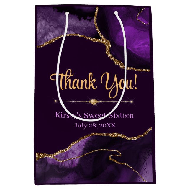Purple & Gold Glitter Agate Sweet 16 Thank You  Medium Gift Bag (Front)