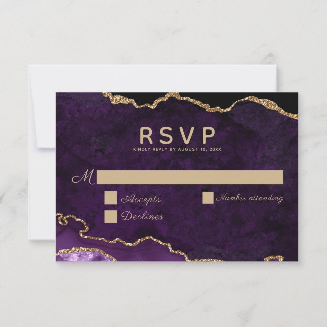 Purple Gold Glitter Agate Wedding RSVP Card (Front)