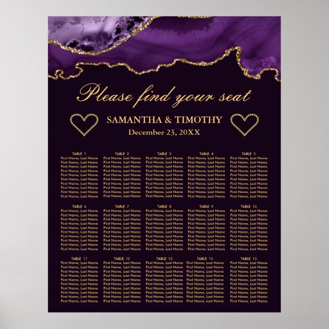 Purple & Gold Glitter Agate Wedding Seating Chart (Front)