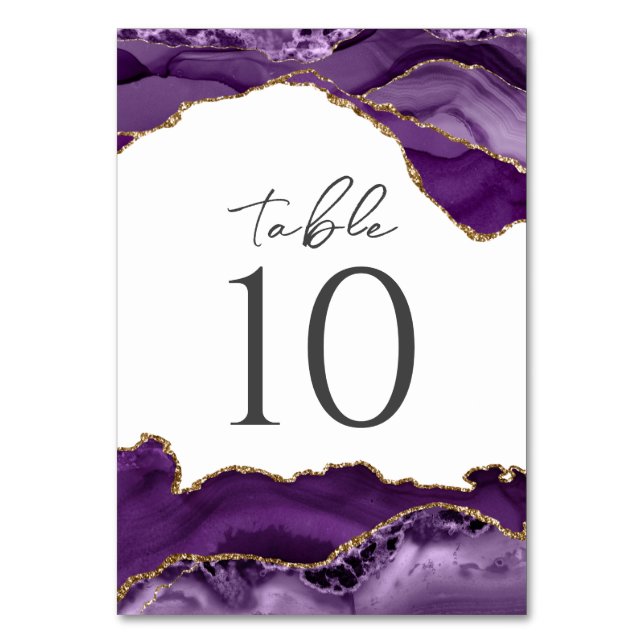 Purple Gold Glitter Agate Wedding Table Number (Front)