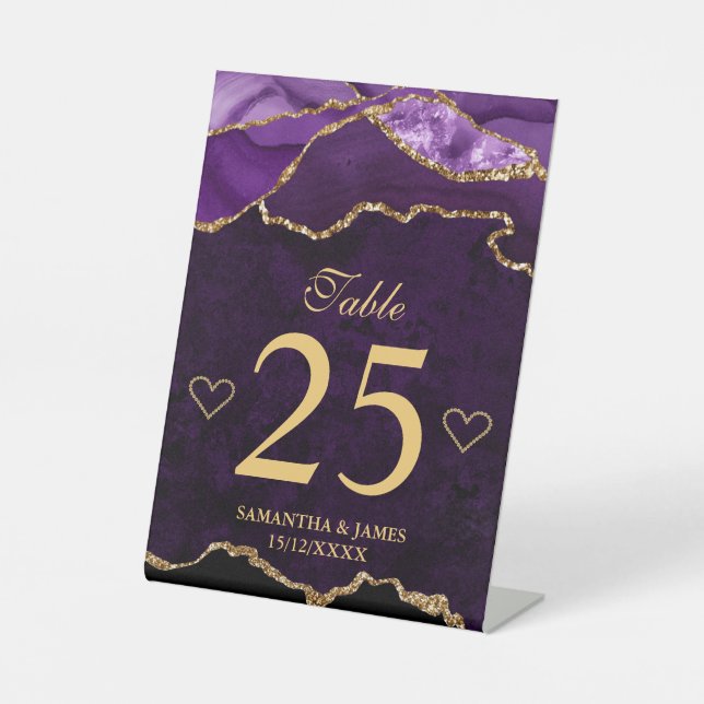 Purple Gold Glitter Agate Wedding Table Number Pedestal Sign (Front)
