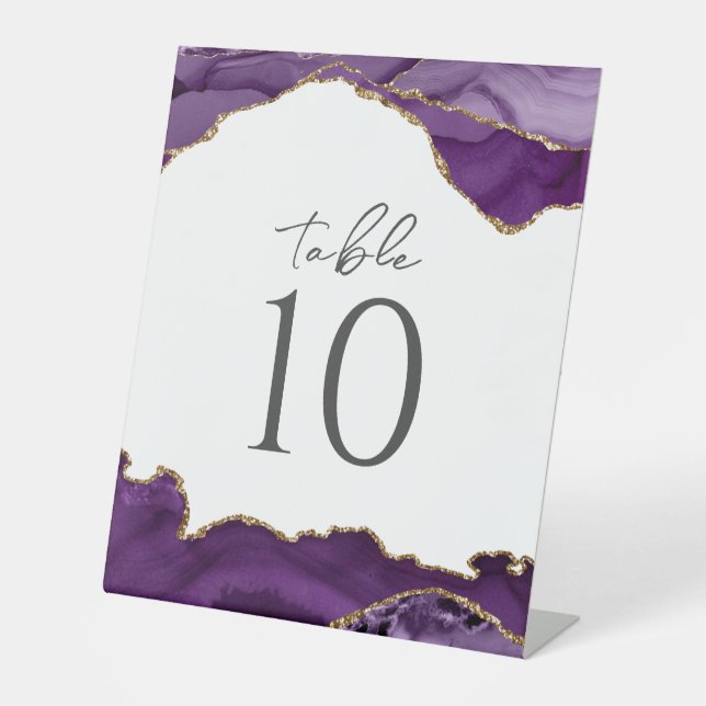 Purple Gold Glitter Agate Wedding Table Number Pedestal Sign (Front)