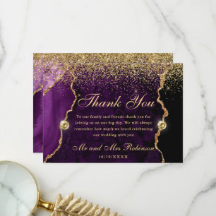 Purple Gold Glitter Agate Wedding Thank You Card