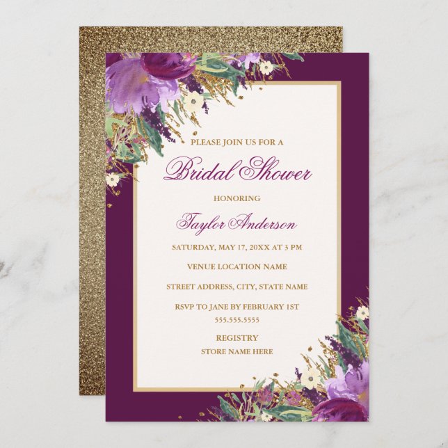 Purple Gold Glitter Amethyst Floral Bridal Shower Invitation (Front/Back)