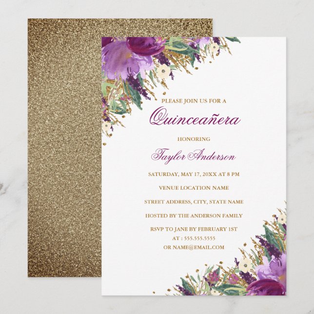 Purple Gold Glitter Amethyst Floral Quinceanera Invitation (Front/Back)