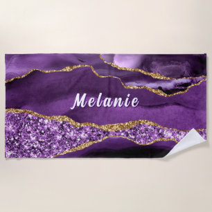 Purple Gold Glitter Beach Towel Personalised Name