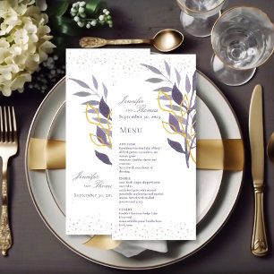 Purple Gold Glitter Botanical Wedding Menu