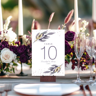 Purple Gold Glitter Botanical Wedding Table Number