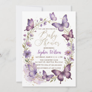 Purple Gold Glitter Butterfly Baby Shower Invitation
