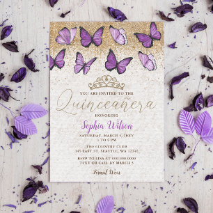 Purple Gold Glitter Butterfly Quinceañera Invitation