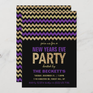 Purple & Gold Glitter Chevron New Years Party Invitation