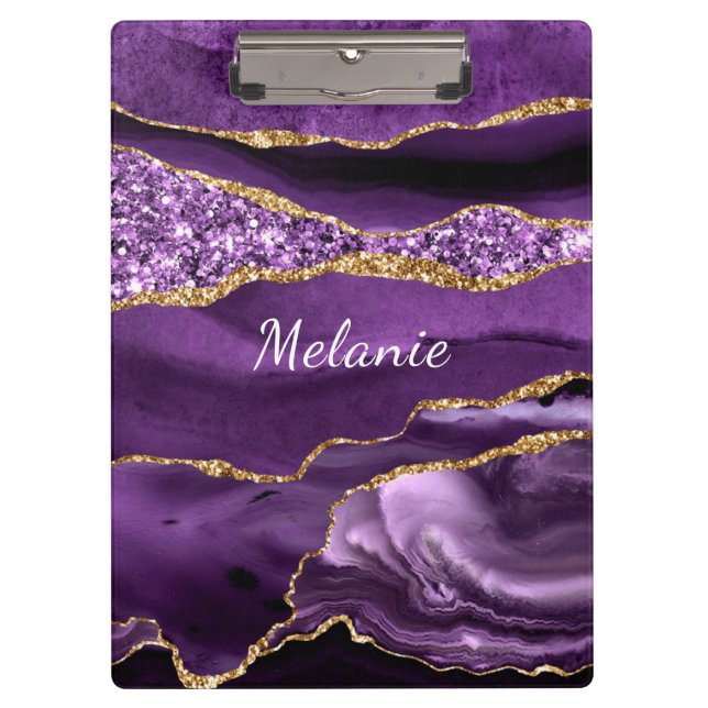 Purple Gold Glitter Clipboard with Custom Name (Front)