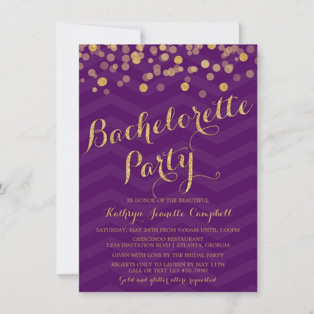 Purple Gold Glitter Confetti Bachelorette Party Invitation (Front)