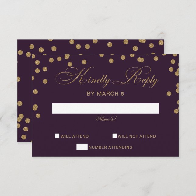 Purple Gold Glitter Confetti Elegant Wedding RSVP Card (Front/Back)