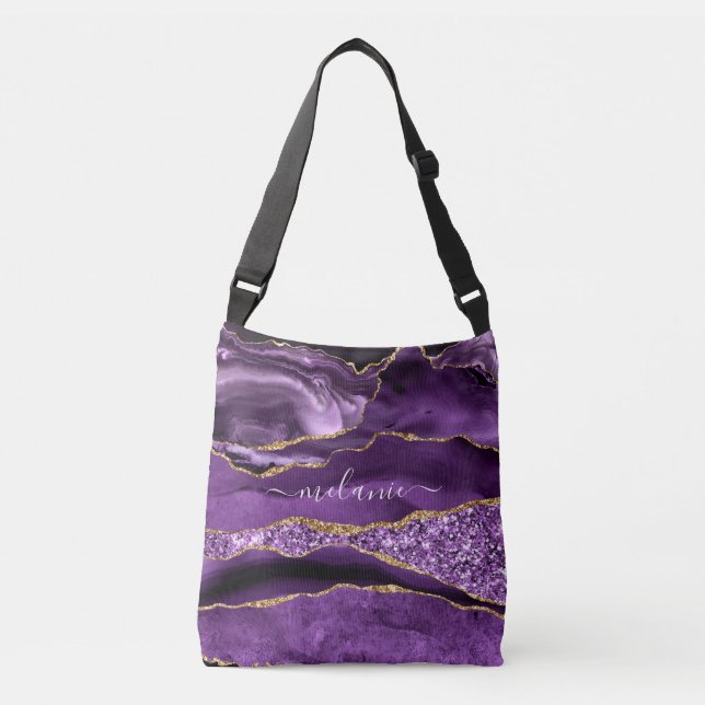 Purple Gold Glitter Crossbody Bag with Custom Name (Front)