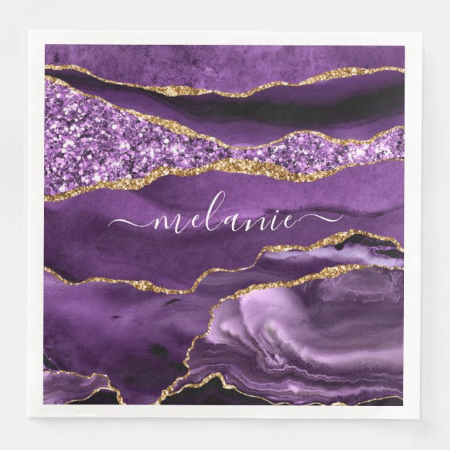 Purple Gold Glitter Custom Your Name Napkins (Front)