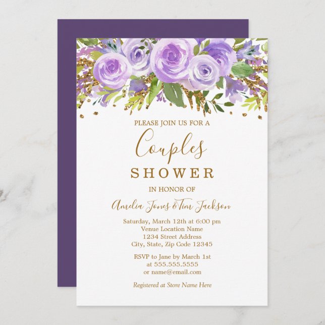 Purple Gold Glitter Floral Rose Couples Shower Invitation (Front/Back)