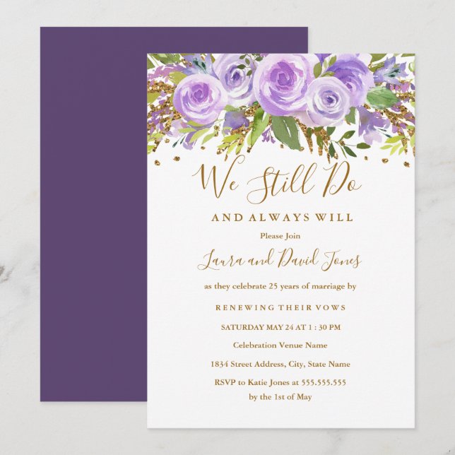 Purple Gold Glitter Floral Rose Vow Renewal Invitation (Front/Back)