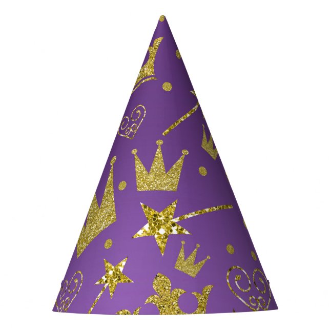 Purple & Gold Glitter Girls Princess Party Hat (Front)