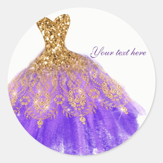Purple & Gold Glitter Glam Dress Birthday Party Classic Round Sticker (Front)