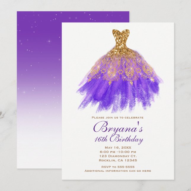Purple & Gold Glitter Glam Dress Sweet 16 Party Invitation (Front/Back)