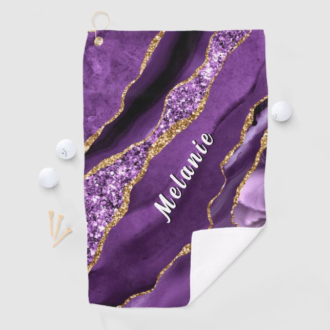 Purple Gold Glitter Golf Towel Gift Custom Name (InSitu)