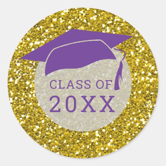 Purple Gold Glitter Graduation Hat Class Of 2022 Classic Round Sticker (Front)