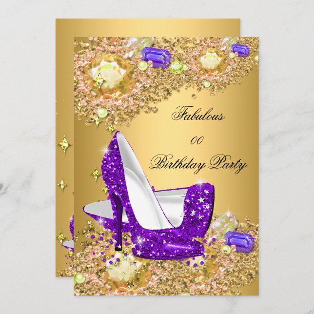 Purple Gold Glitter High Heels Fabulous Party Invitation (Front/Back)