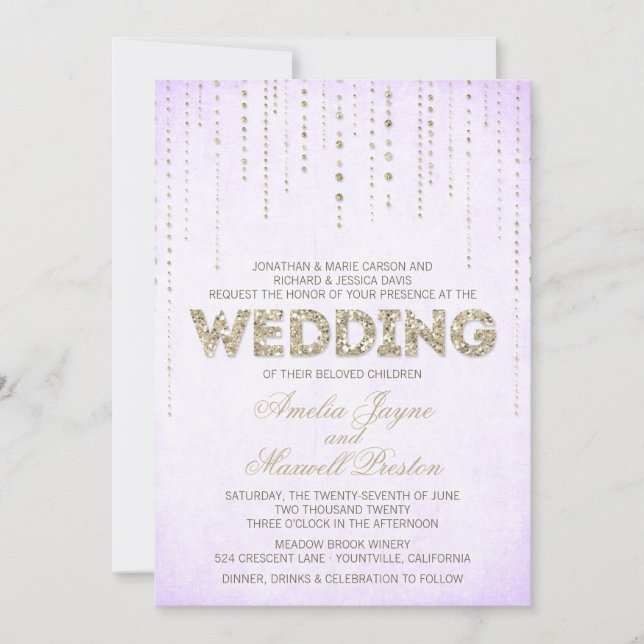 Purple & Gold Glitter Look Wedding Invitation (Front)