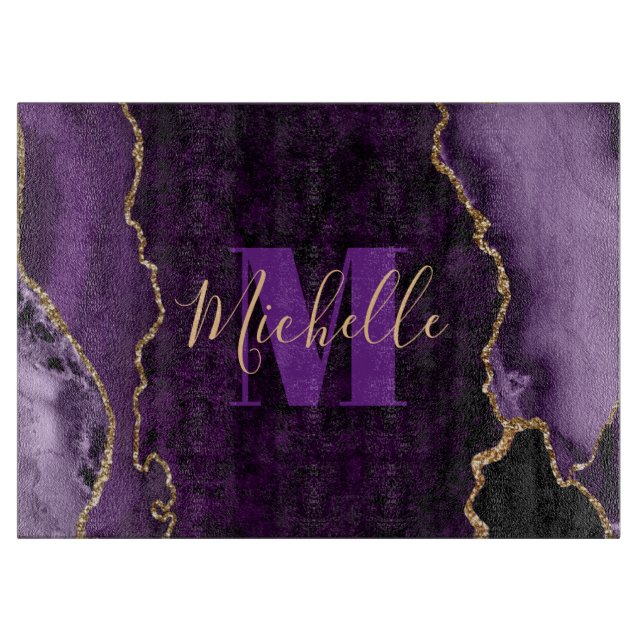 Purple & Gold Glitter Marble Agate Monogram Cutting Board (Front)