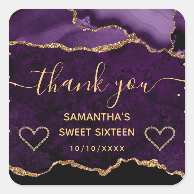 Purple & Gold Glitter Marble Agate Sweet 16 Square Sticker (Front)