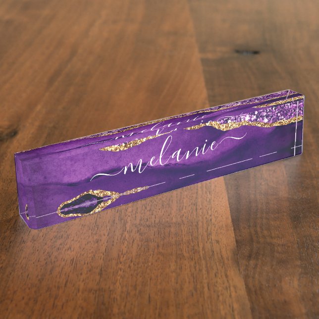 Purple Gold Glitter Marble Custom Desk Name Plate (Side)