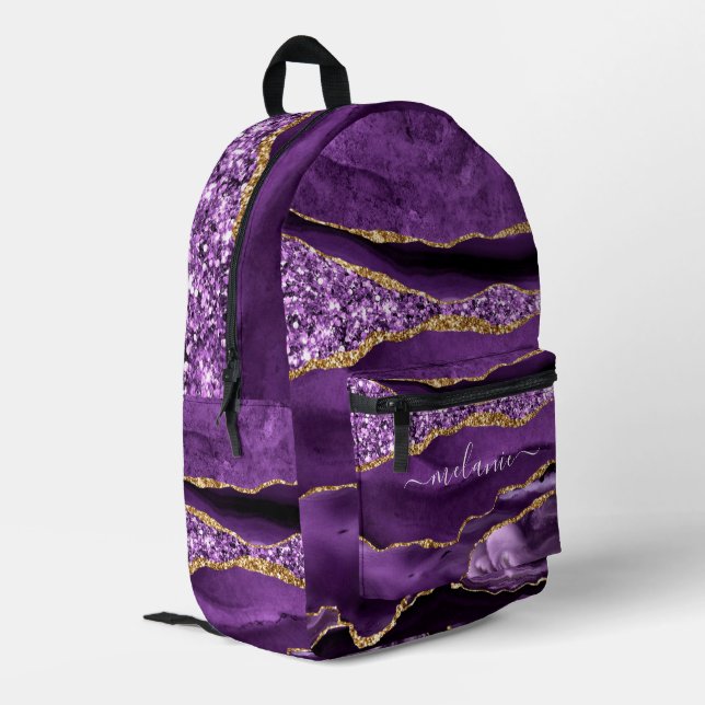 Purple Gold Glitter Marble Custom Name Backpack (Back Corner Left)