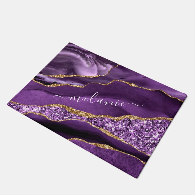 Purple Gold Glitter Marble Custom Name Doormat (Angled)