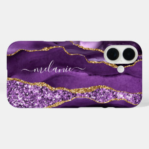 Purple Gold Glitter Marble Custom Name iPhone Case