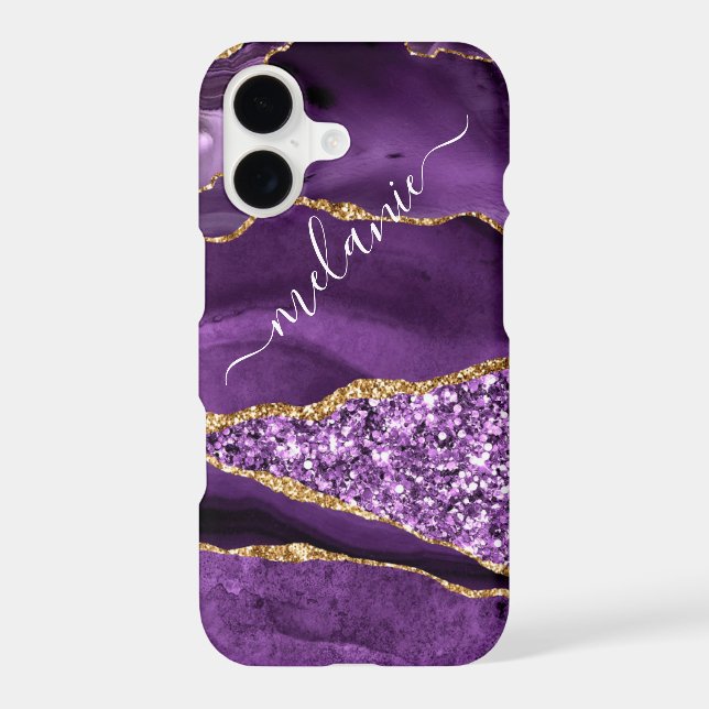 Purple Gold Glitter Marble Custom Name iPhone Case (Back)